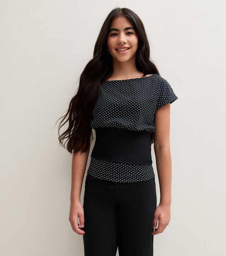 Girls Black Cotton Rich Polka Dot Cinched Waist Slash Neck Top