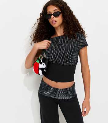 Girls Black Cotton Rich Polka Dot Cinched Waist Slash Neck Top