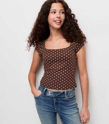 Girls Dark Brown Spot Print Square Neck Top