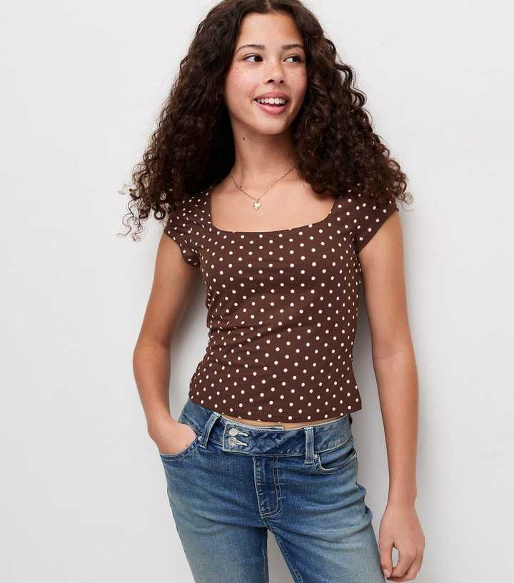 Girls Dark Brown Spot Print Square Neck Top