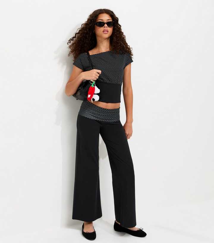 Girls Black Cotton Rich Spot Print Foldover Waistband Flared Trousers