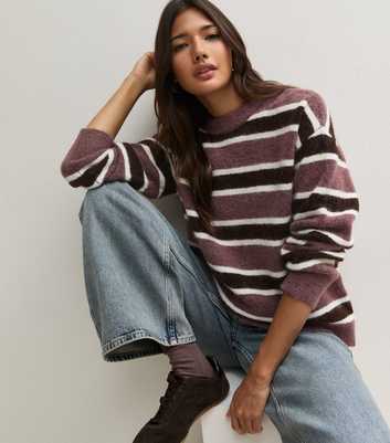 Pink Knitted Stripe Crew Neck Jumper with Wool