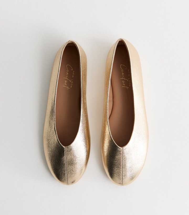 Gold Faux Leather High Vamp Ballet Flats