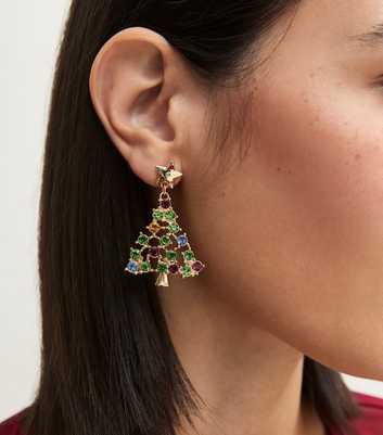 Multicolour Christmas Tree Diamante Embellished Drop Earrings