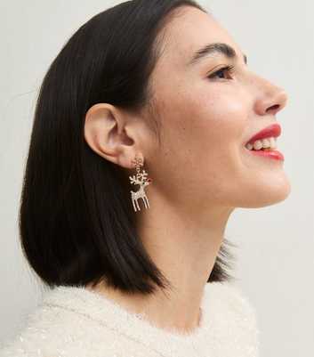 Gold Tone Christmas Reindeer Diamante Earrings