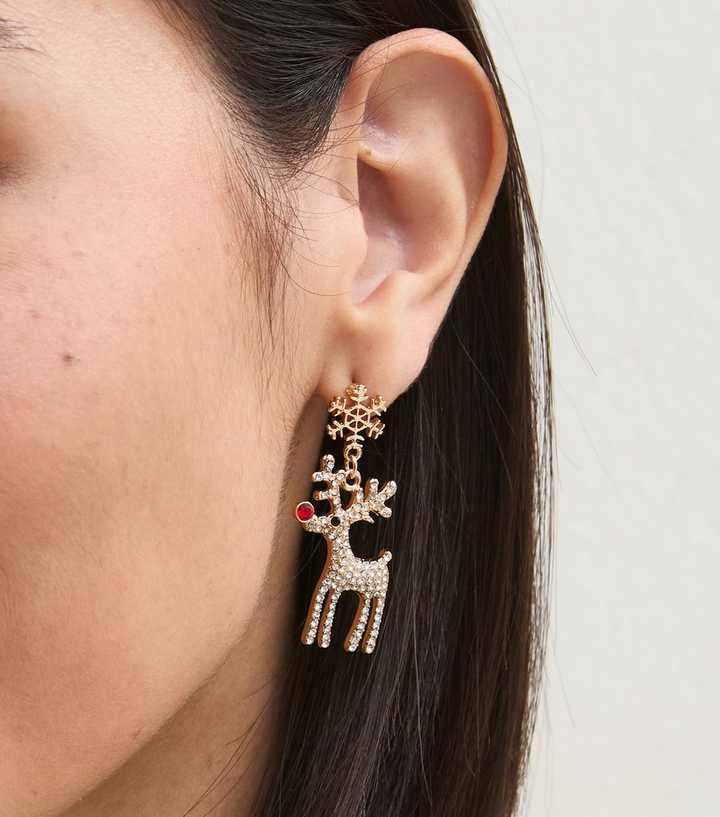 Gold Tone Christmas Reindeer Diamante Earrings