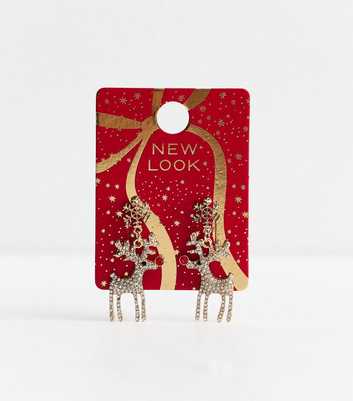 Gold Tone Christmas Reindeer Diamante Earrings
