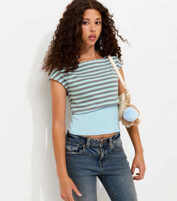 Girls Blue Cotton Rich Striped Cinched Waist Slash Neck Top