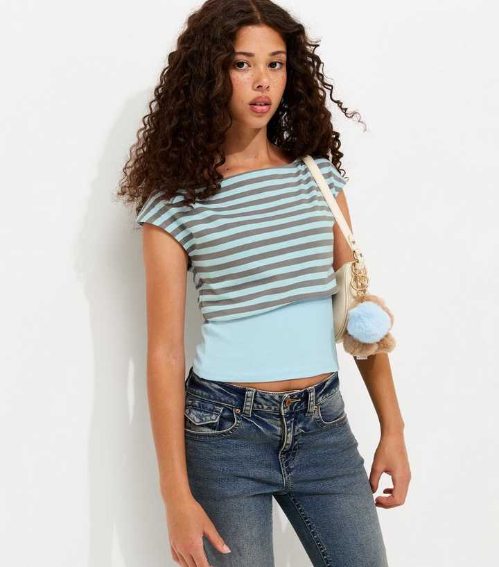 Girls Blue Cotton Rich Striped Cinched Waist Slash Neck Top