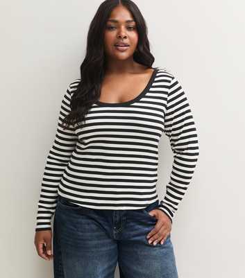 Curves Black Cotton Rich Striped Long Sleeve Top