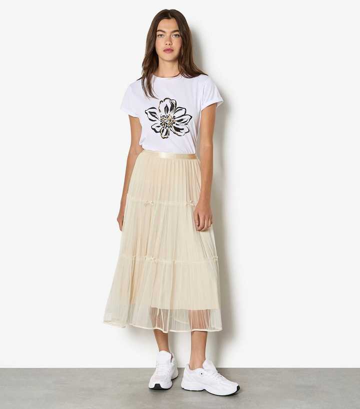 Apricot Cream Bow Detail Mesh Midi Skirt