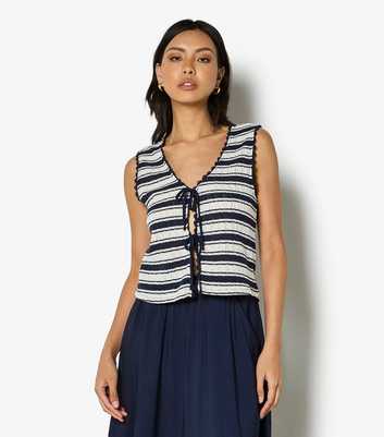 Apricot Blue Textured Stripe Tie Front Top