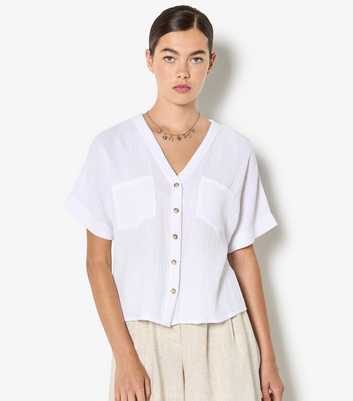 Apricot White Textured Weave Collarless Shirt