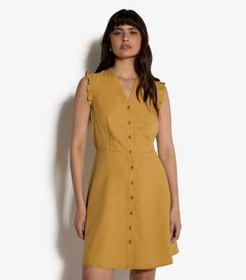 Apricot Dark Yellow Ruffle Trim Button Mini Dress