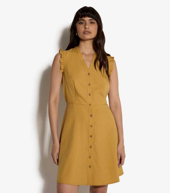 Apricot Dark Yellow Ruffle Trim Button Mini Dress