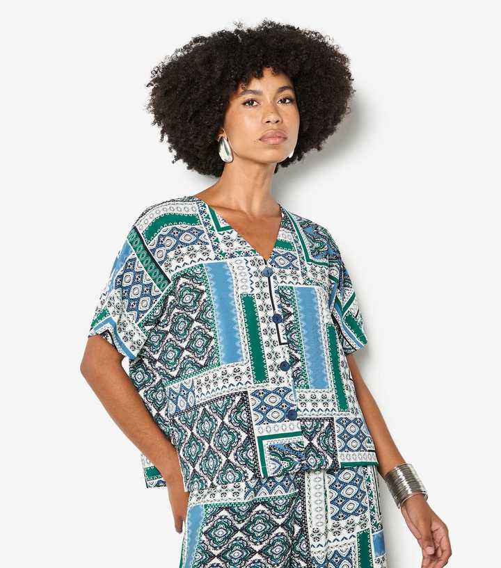 Apricot Blue Scarf Print Button Front Top