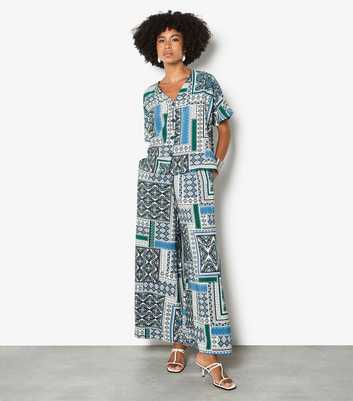 Apricot Blue Scarf Print Side Split Trousers