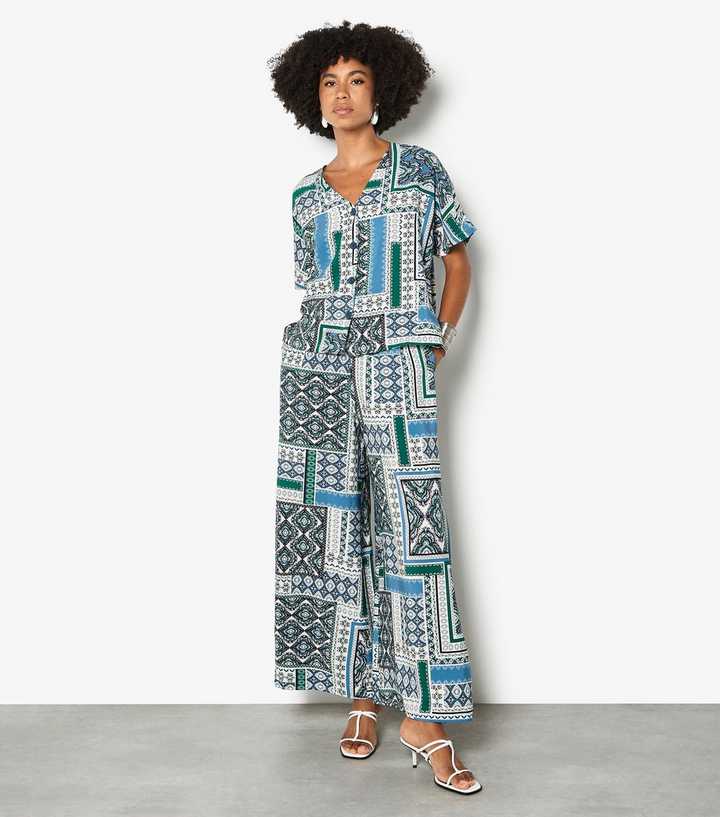 Apricot Blue Scarf Print Side Split Trousers