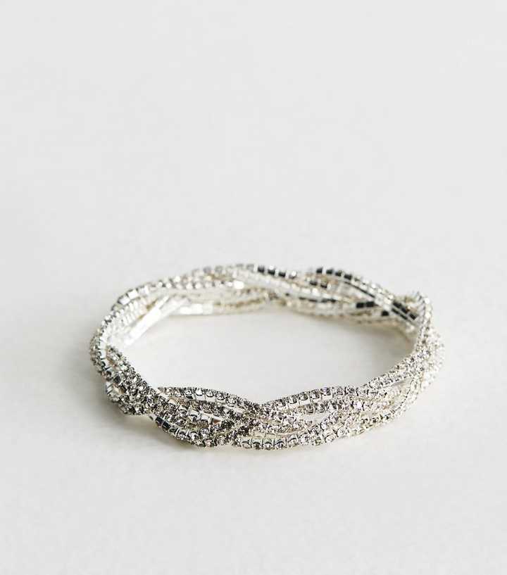 Silver Tone Plaited Diamanté Bracelet