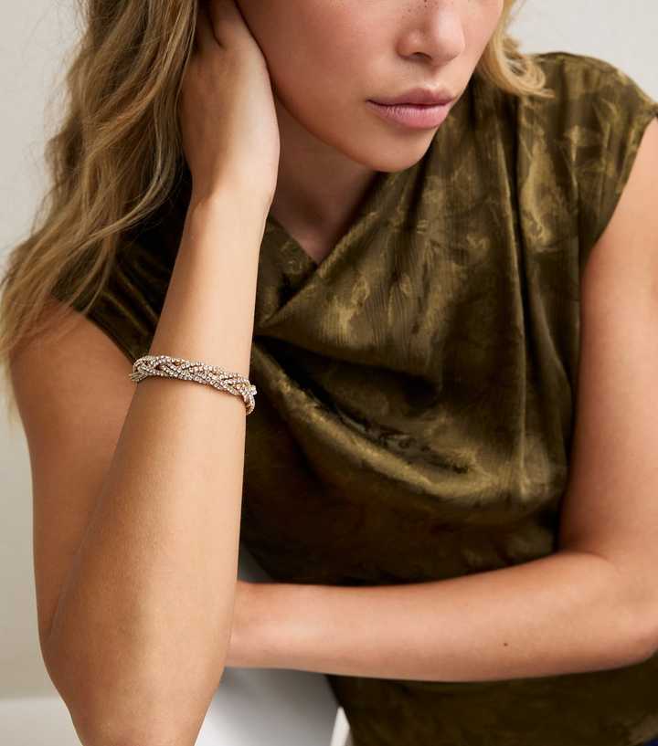 Gold Tone Plaited Diamante Bracelet