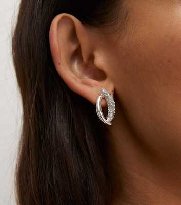 Silver Tone Diamante Open Oval Stud Earrings