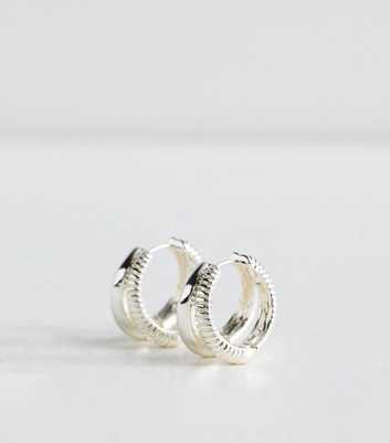 Silver Tone Sleek Ridged Double Hoop Earrings