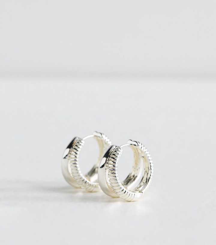 Silver Tone Sleek Ridged Double Hoop Earrings