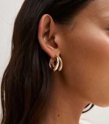 Gold Tone Sleek Ridged Double Hoop Earrings