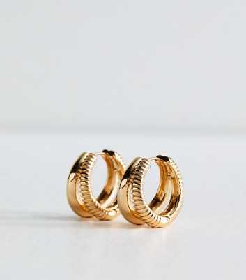 Gold Tone Sleek Ridged Double Hoop Earrings