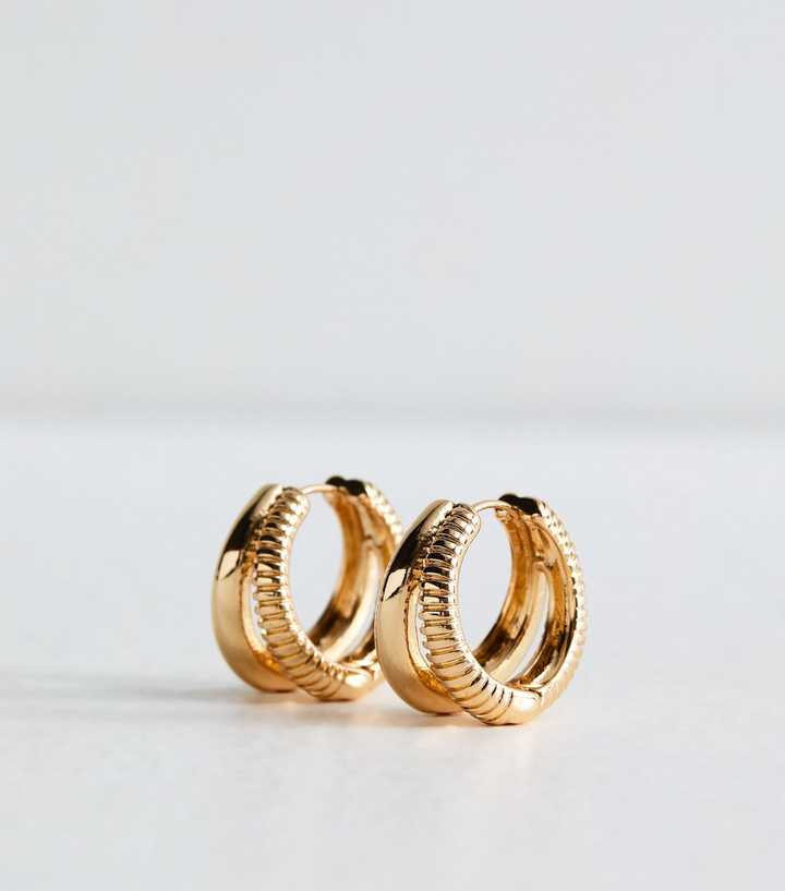 Gold Tone Sleek Ridged Double Hoop Earrings