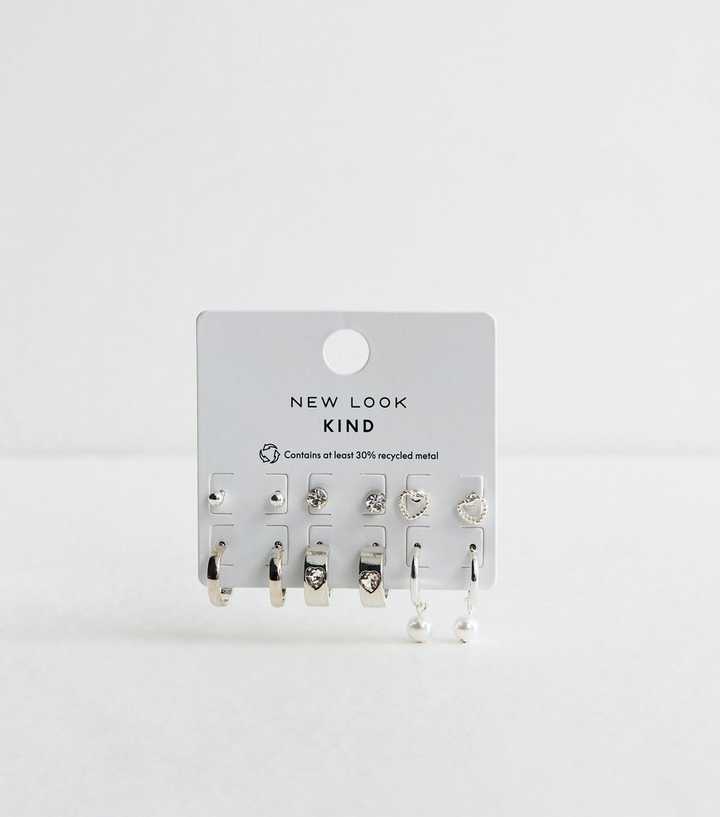 Pack of 6 Silver Tone Hoop and Diamante Stud Earrings
