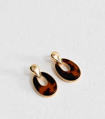 Gold Tone Brown Tortoiseshell Oval Drop Earrings