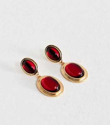 Gold Tone Dark Burgundy Oval Drop Earrings
