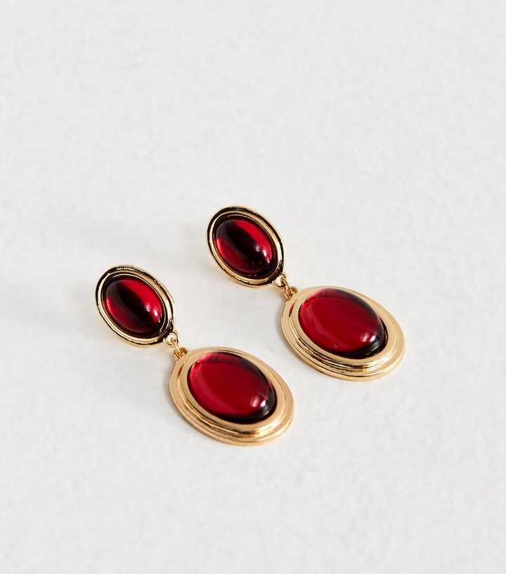 Gold Tone Dark Burgundy Oval Drop Earrings