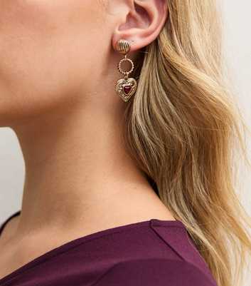 Gold Tone Red Heart Drop Earrings