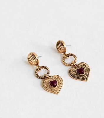 Gold Tone Red Heart Drop Earrings