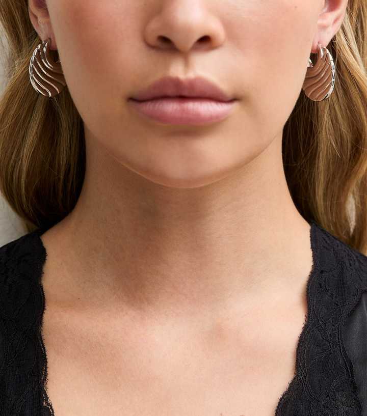 Silver Tone Ridged Flat Hoop Earrings