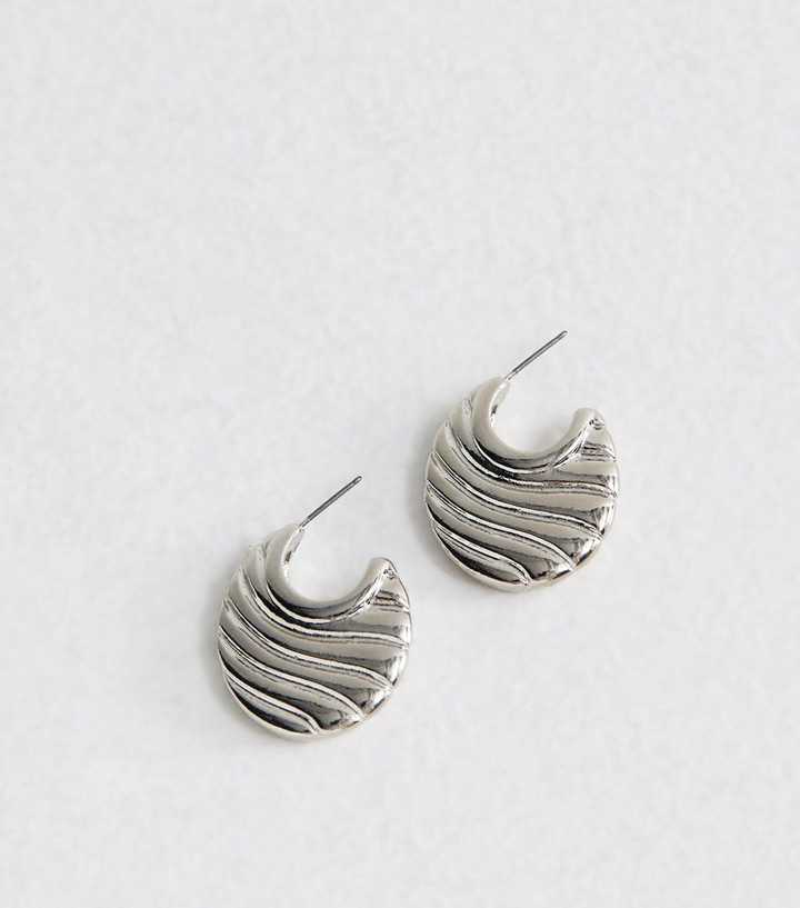 Silver Tone Ridged Flat Hoop Earrings
