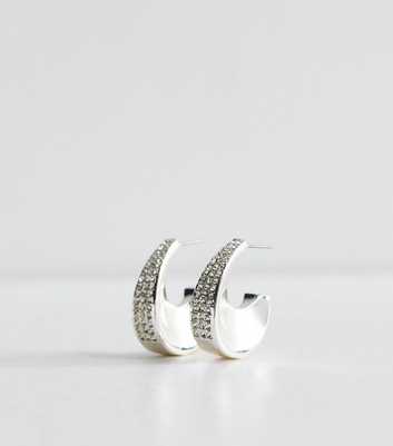 Silver Tone Diamante Chunky Hoop Earrings