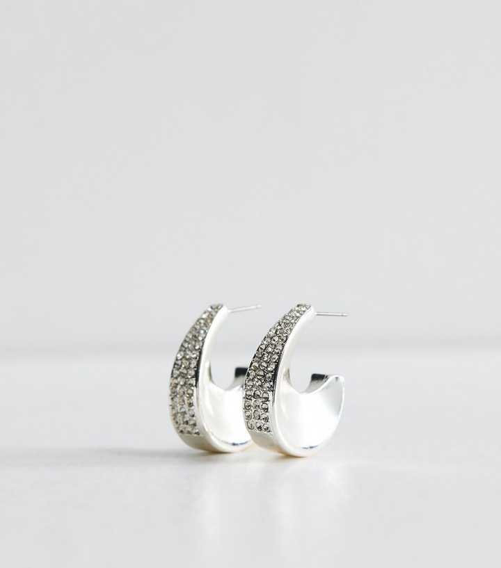 Silver Tone Diamante Chunky Hoop Earrings