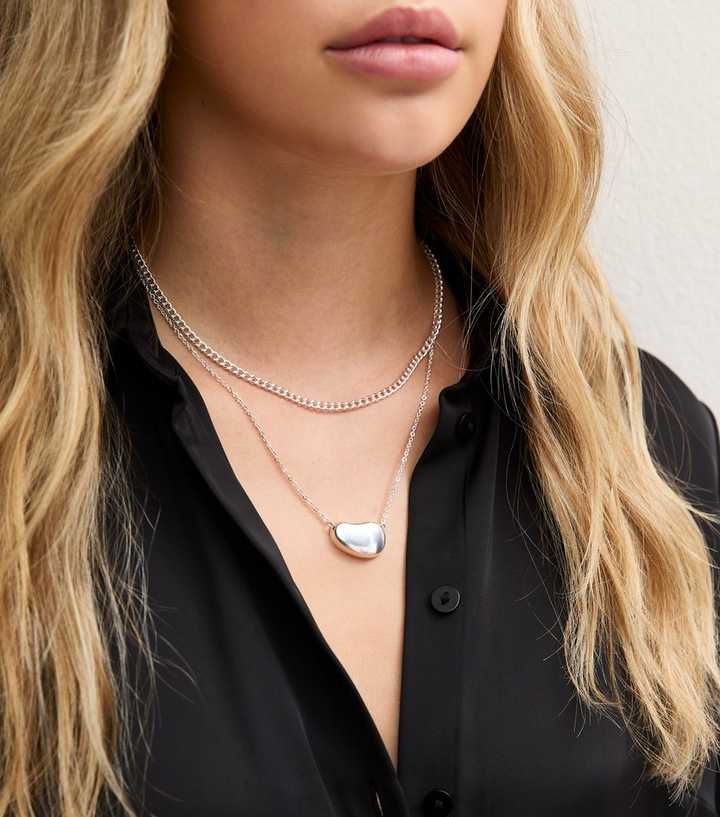 Silver Tone 2 Layer Chain Dome Pendant Necklace