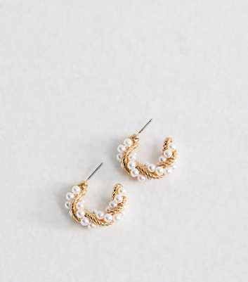 Gold Tone Twisted Faux Pearl Chunky Hoop Earrings