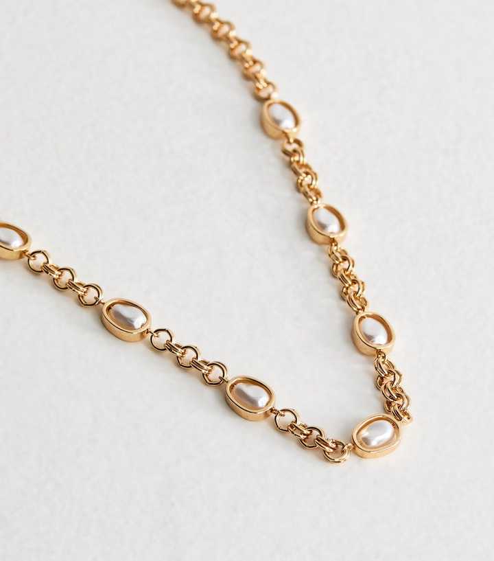 Gold Tone Faux Pearl Chain Necklace