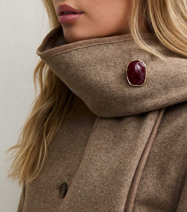 Gold Tone Burgundy Stone Look Brooch