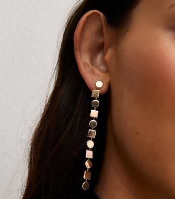 Gold Tone Square and Circle Long Drop Earrings