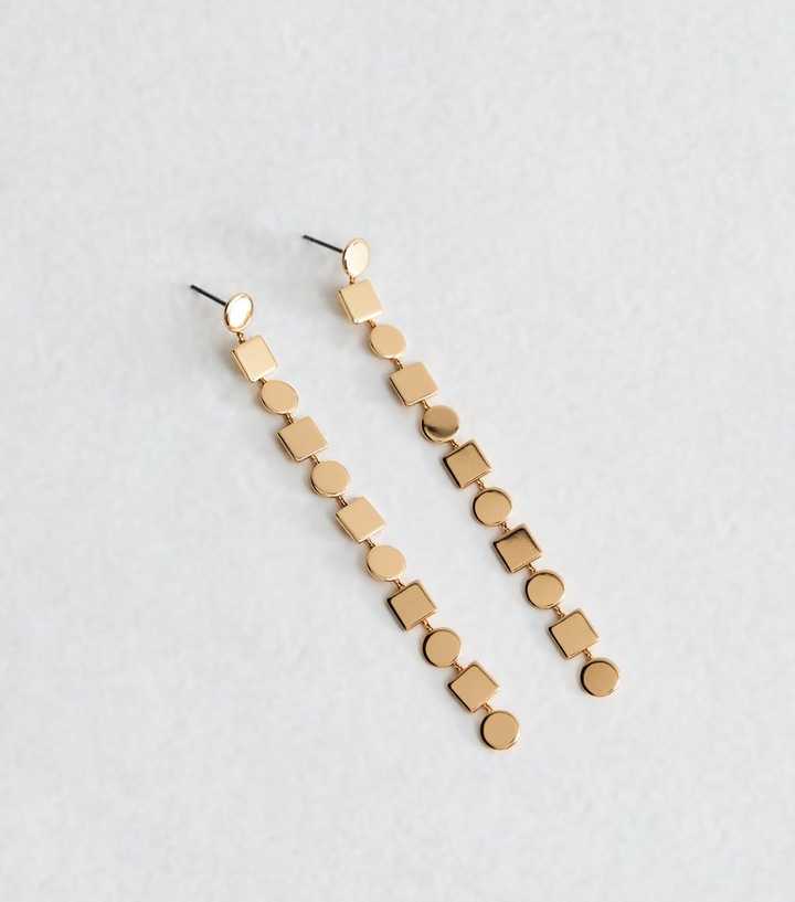 Gold Tone Square and Circle Long Drop Earrings