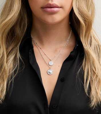 Silver Tone Two Layer Diamante Beaten Circle Necklace