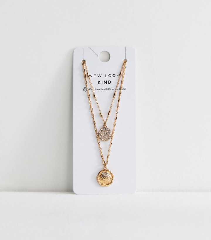 Gold Tone 2 Layer Diamante Beaten Circle Necklace