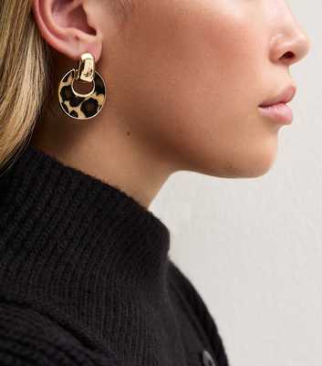 Gold Tone Leopard Print Circle Stud Drop Earrings