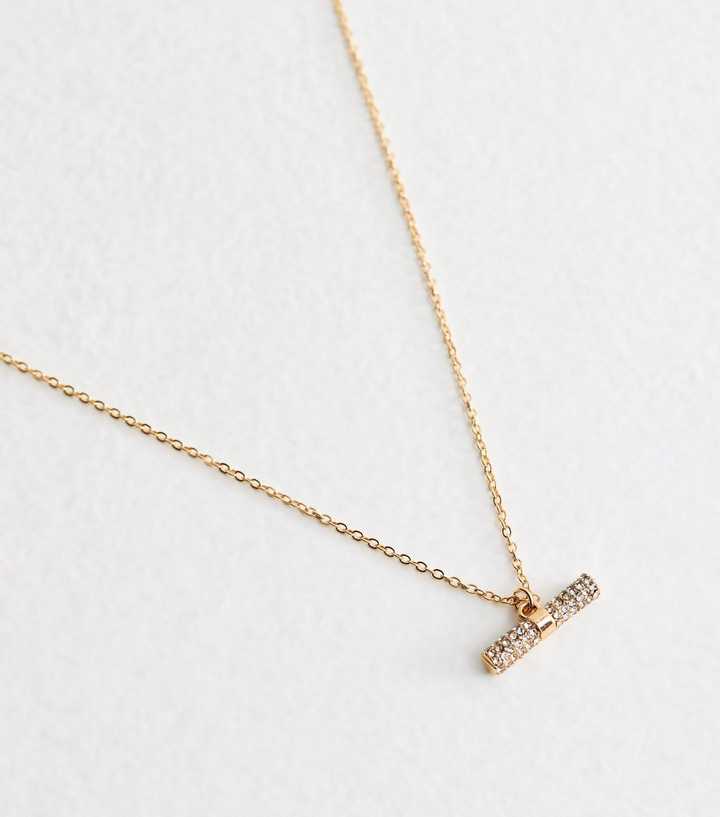 Gold Tone Diamant?� T Bar Pendant Necklace